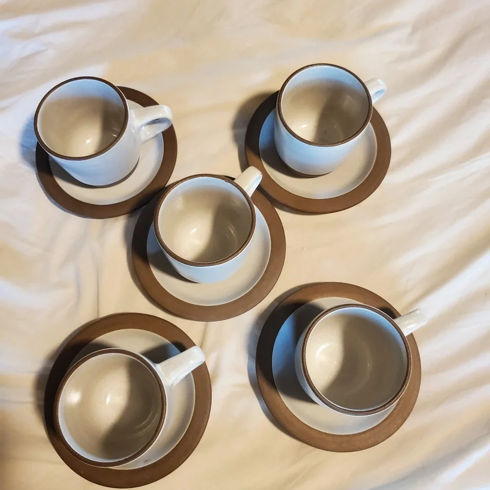 Heath Ceramics Brown White Stoneware Cup and Saucer Set of 5 stackable USA made
